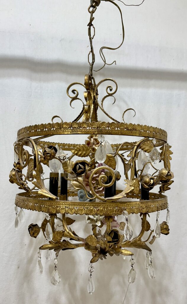 Italian Style Gilt Toleware 5 Arm Ceramic & Metal Rose Crystal Candlestick Style Chandelier