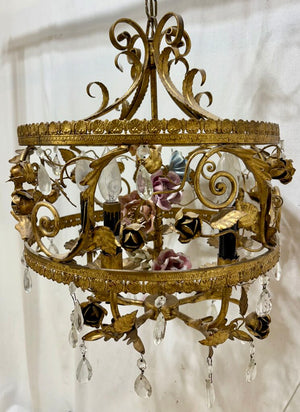 Italian Style Gilt Toleware 5 Arm Ceramic & Metal Rose Crystal Candlestick Style Chandelier