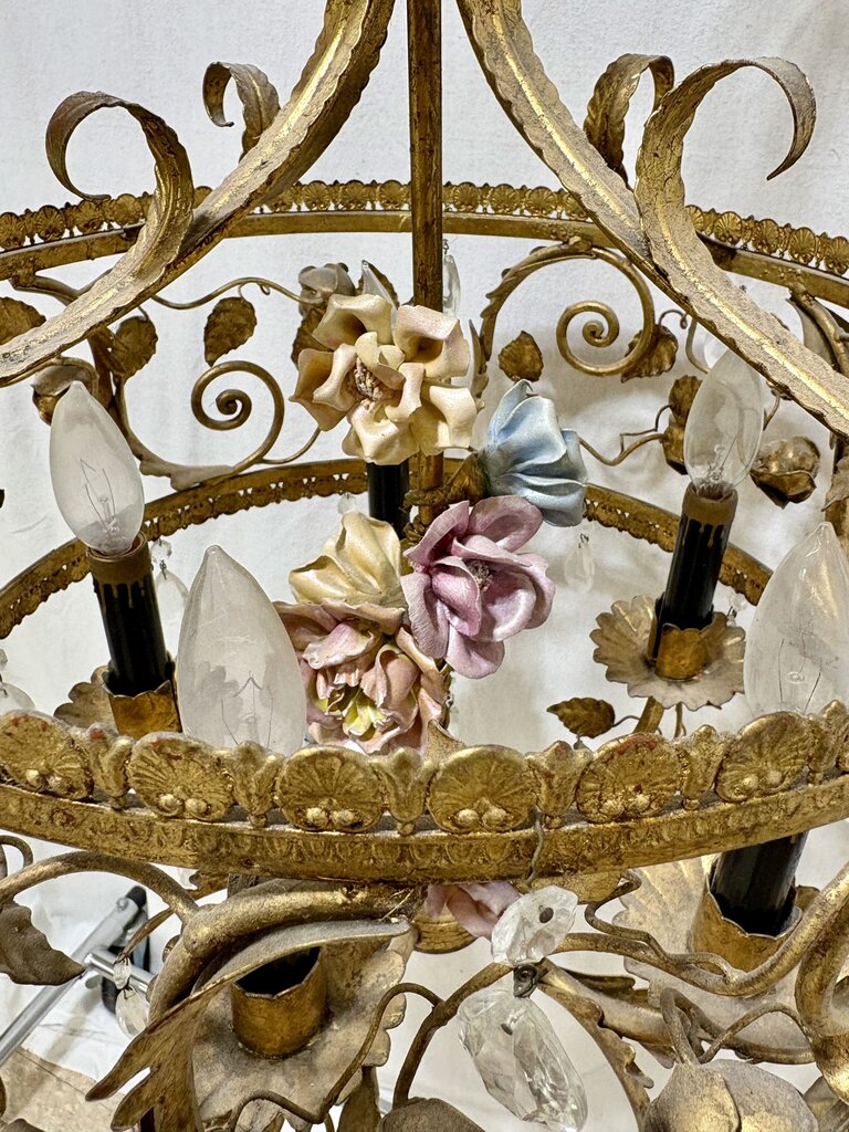 Italian Style Gilt Toleware 5 Arm Ceramic & Metal Rose Crystal Candlestick Style Chandelier