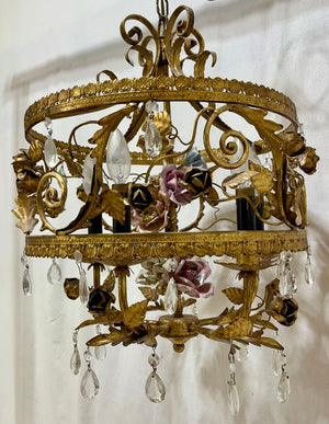 Italian Style Gilt Toleware 5 Arm Ceramic & Metal Rose Crystal Candlestick Style Chandelier