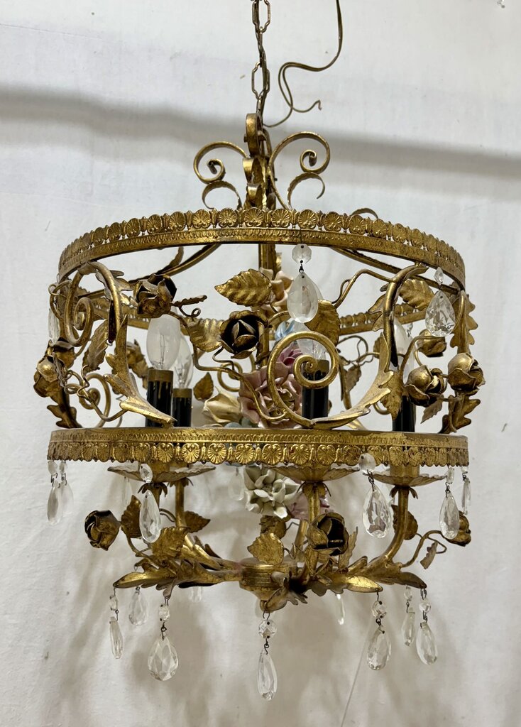 Italian Style Gilt Toleware 5 Arm Ceramic & Metal Rose Crystal Candlestick Style Chandelier