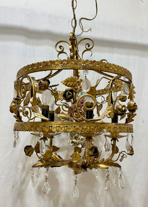 Italian Style Gilt Toleware 5 Arm Ceramic & Metal Rose Crystal Candlestick Style Chandelier