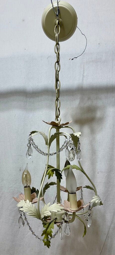 White Metal 3 Arm Candlestick Style Crystal Bead & Tear Drop Leaf Motif Chandelier
