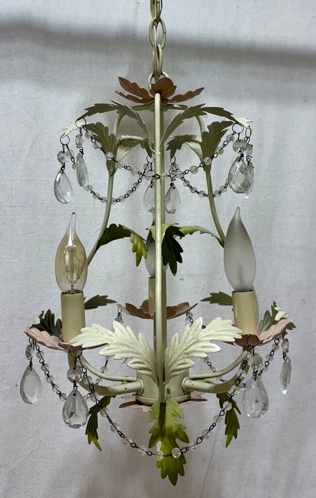White Metal 3 Arm Candlestick Style Crystal Bead & Tear Drop Leaf Motif Chandelier