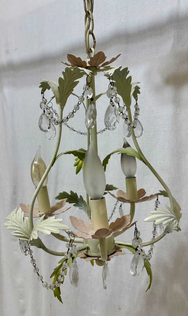 White Metal 3 Arm Candlestick Style Crystal Bead & Tear Drop Leaf Motif Chandelier