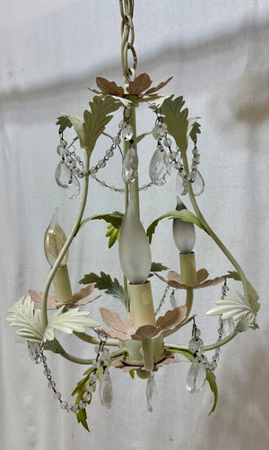 White Metal 3 Arm Candlestick Style Crystal Bead & Tear Drop Leaf Motif Chandelier