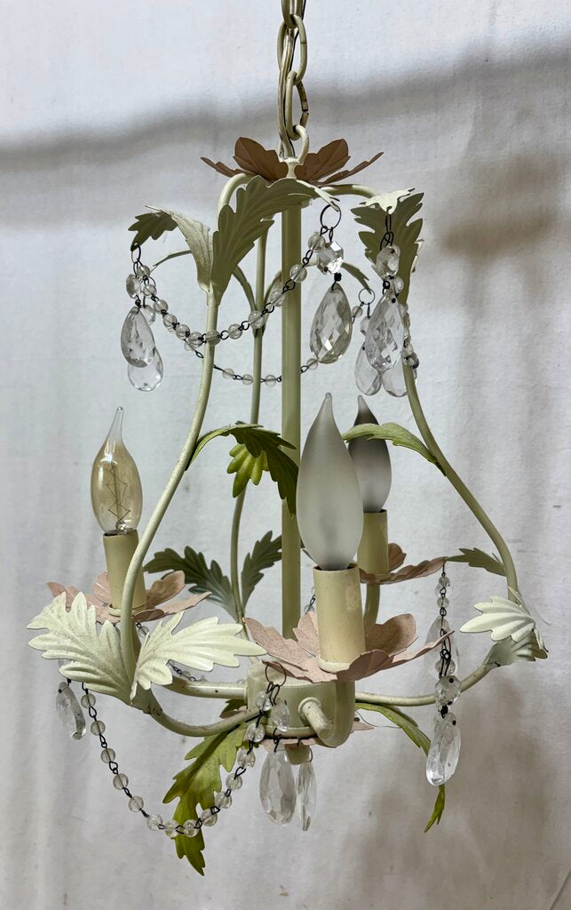 White Metal 3 Arm Candlestick Style Crystal Bead & Tear Drop Leaf Motif Chandelier