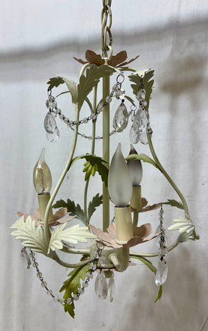 White Metal 3 Arm Candlestick Style Crystal Bead & Tear Drop Leaf Motif Chandelier