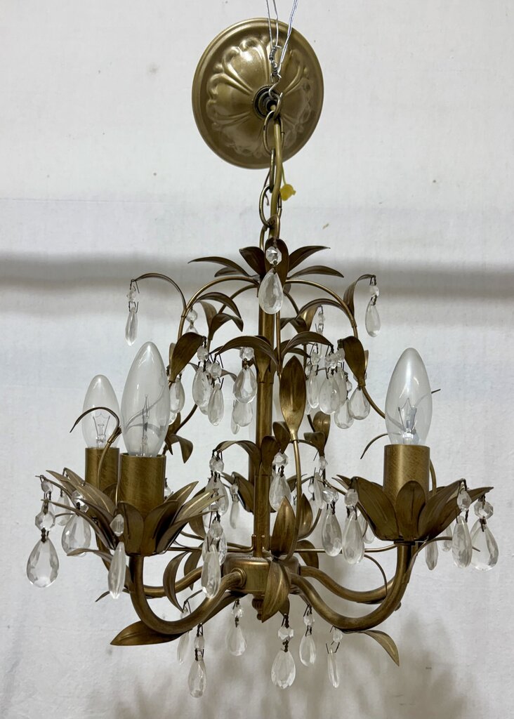 Brass Finish Metal 5 Arm Crystal Leaf Motif Chandelier