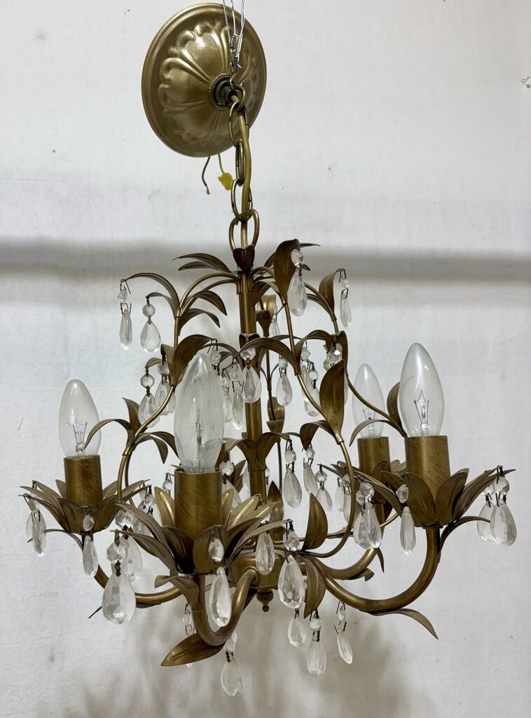 Brass Finish Metal 5 Arm Crystal Leaf Motif Chandelier
