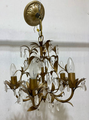 Brass Finish Metal 5 Arm Crystal Leaf Motif Chandelier