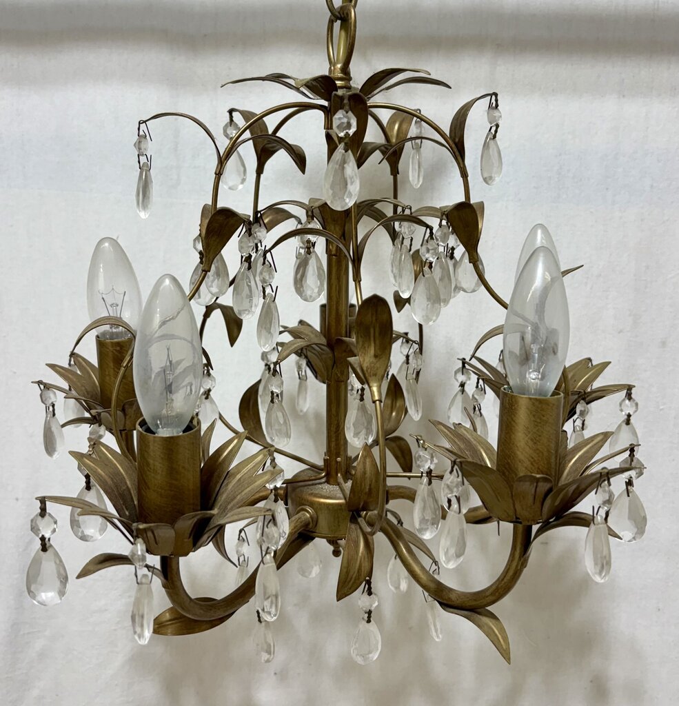 Brass Finish Metal 5 Arm Crystal Leaf Motif Chandelier