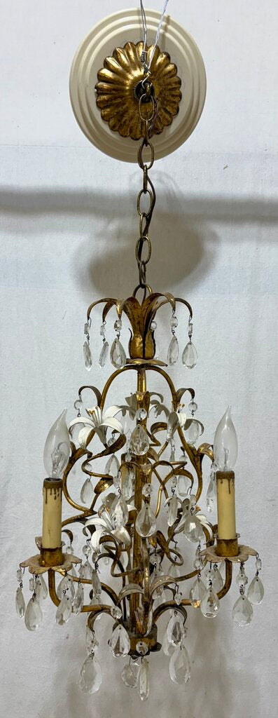 Italian Style Toleware Metal Iris Floral Motif 3 Arm Candlestick Style Chandelier