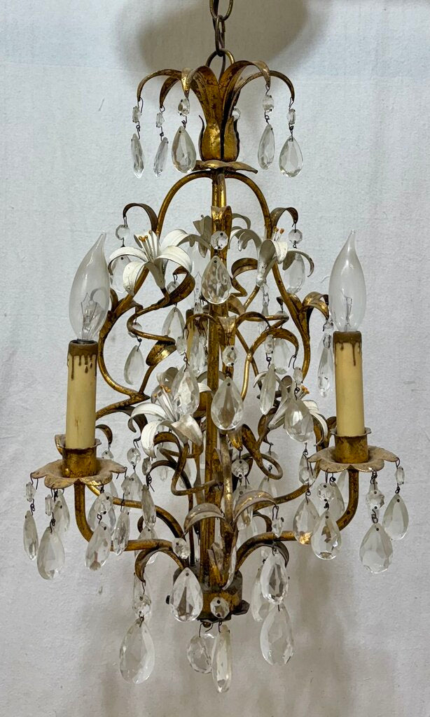 Italian Style Toleware Metal Iris Floral Motif 3 Arm Candlestick Style Chandelier
