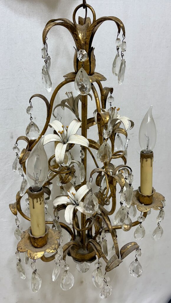 Italian Style Toleware Metal Iris Floral Motif 3 Arm Candlestick Style Chandelier