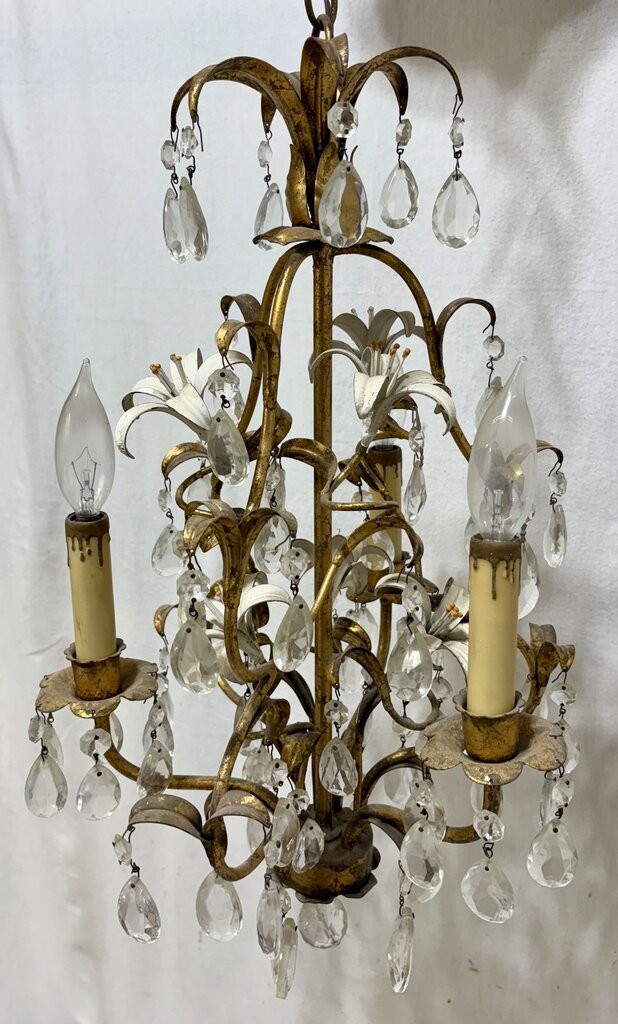 Italian Style Toleware Metal Iris Floral Motif 3 Arm Candlestick Style Chandelier