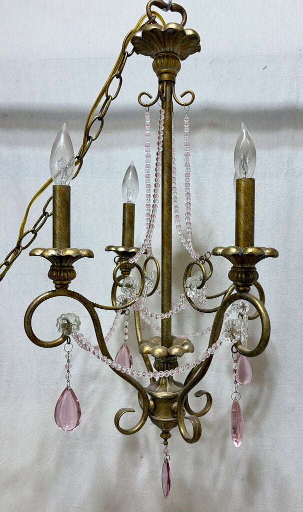 Italian Murano Glass Bead & Tear Drop Bronze Finish 4 Arm Candlestick Style Crystal Chandelier