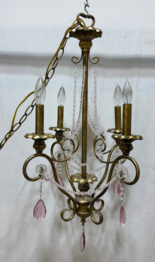 Italian Murano Glass Bead & Tear Drop Bronze Finish 4 Arm Candlestick Style Crystal Chandelier