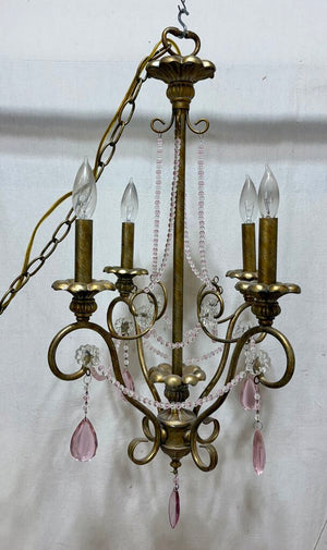 Italian Murano Glass Bead & Tear Drop Bronze Finish 4 Arm Candlestick Style Crystal Chandelier