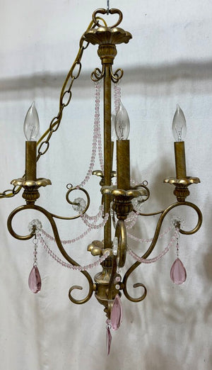 Italian Murano Glass Bead & Tear Drop Bronze Finish 4 Arm Candlestick Style Crystal Chandelier