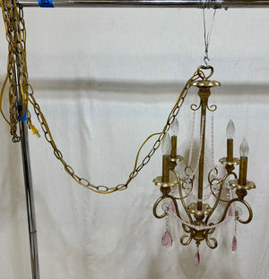 Italian Murano Glass Bead & Tear Drop Bronze Finish 4 Arm Candlestick Style Crystal Chandelier