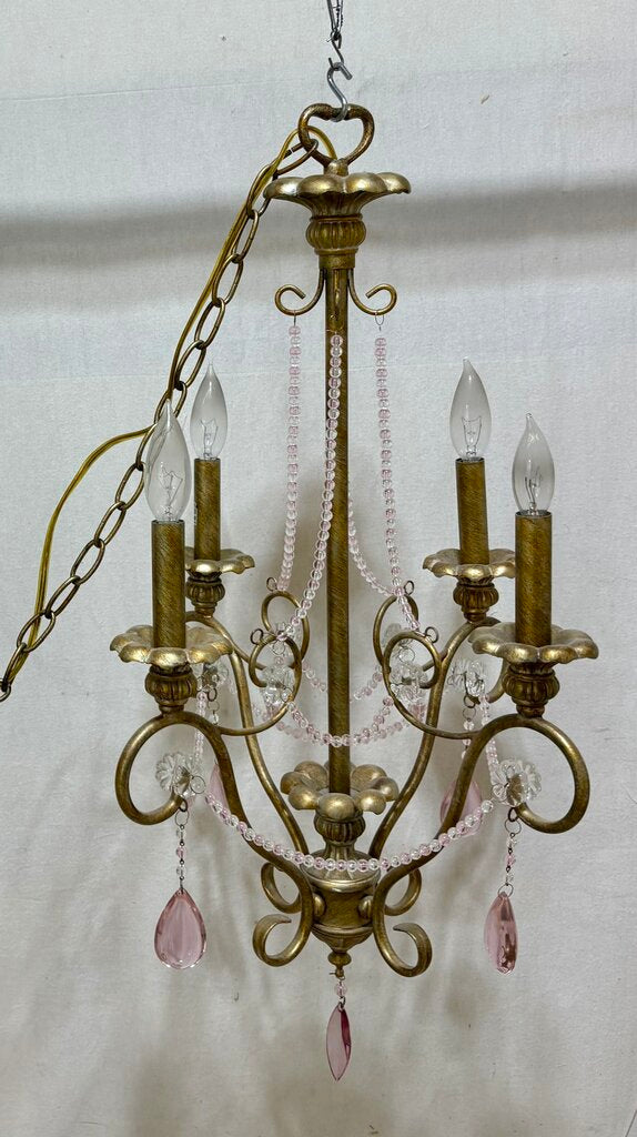 Italian Murano Glass Bead & Tear Drop Bronze Finish 4 Arm Candlestick Style Crystal Chandelier