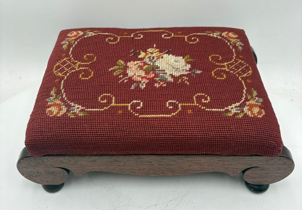 Vintage Needlepoint Oak Slipper Bench