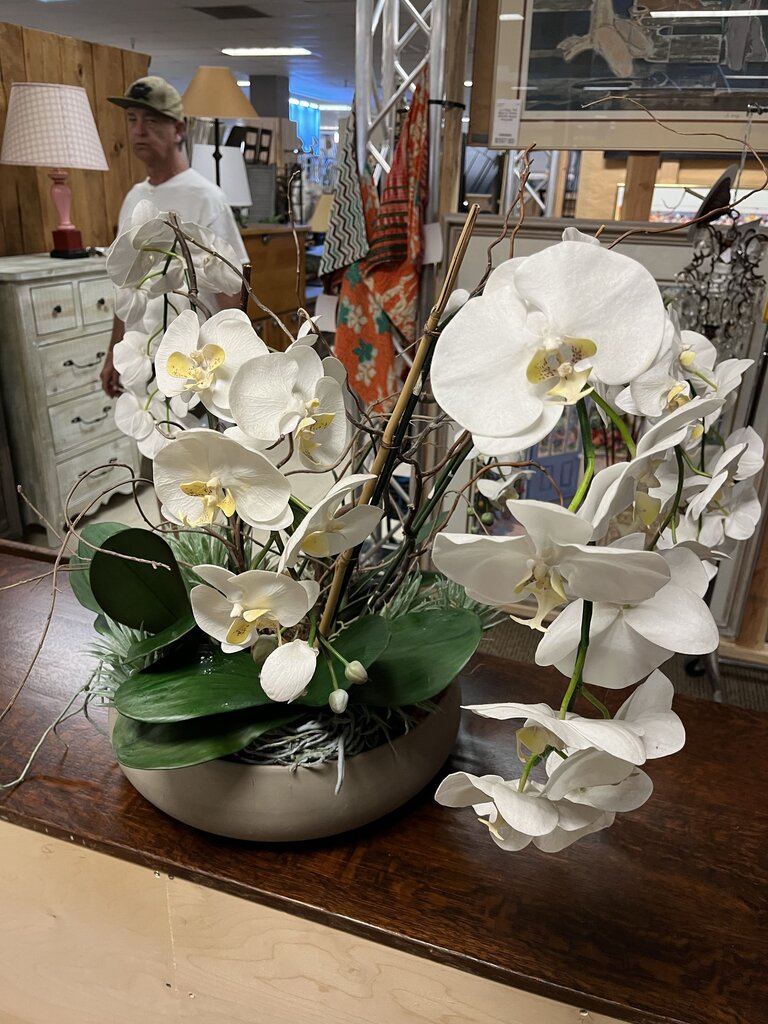 Faux White Cymbidium Orchid In Gray Pot