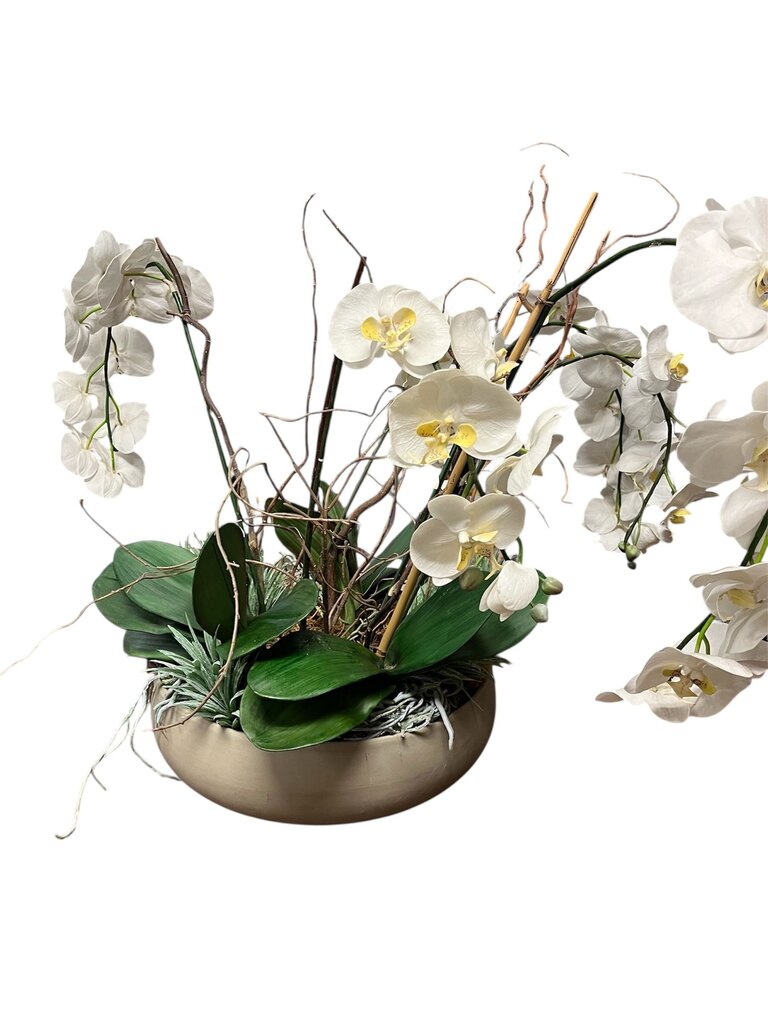 Faux White Cymbidium Orchid In Gray Pot