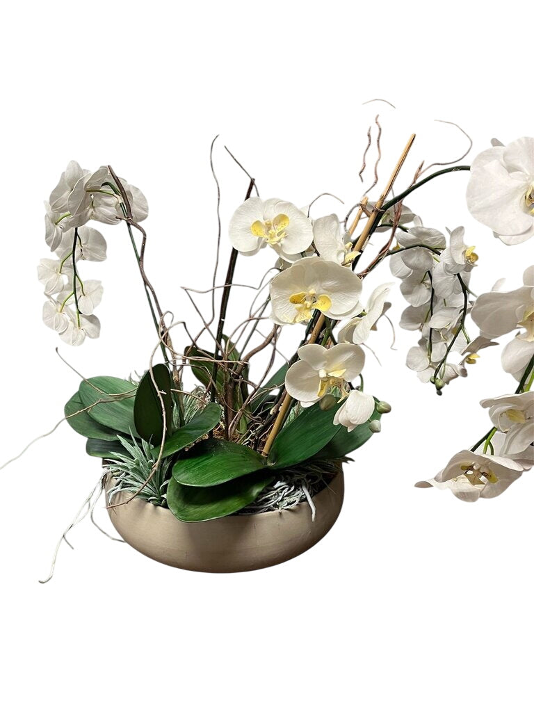 Faux White Cymbidium Orchid In Gray Pot by Miss Daisy's Consignment & Auction House