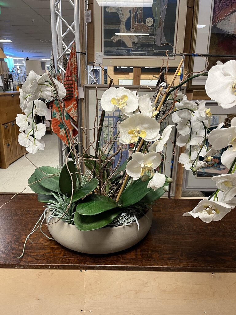 Faux White Cymbidium Orchid In Gray Pot