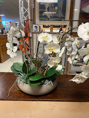 Faux White Cymbidium Orchid In Gray Pot