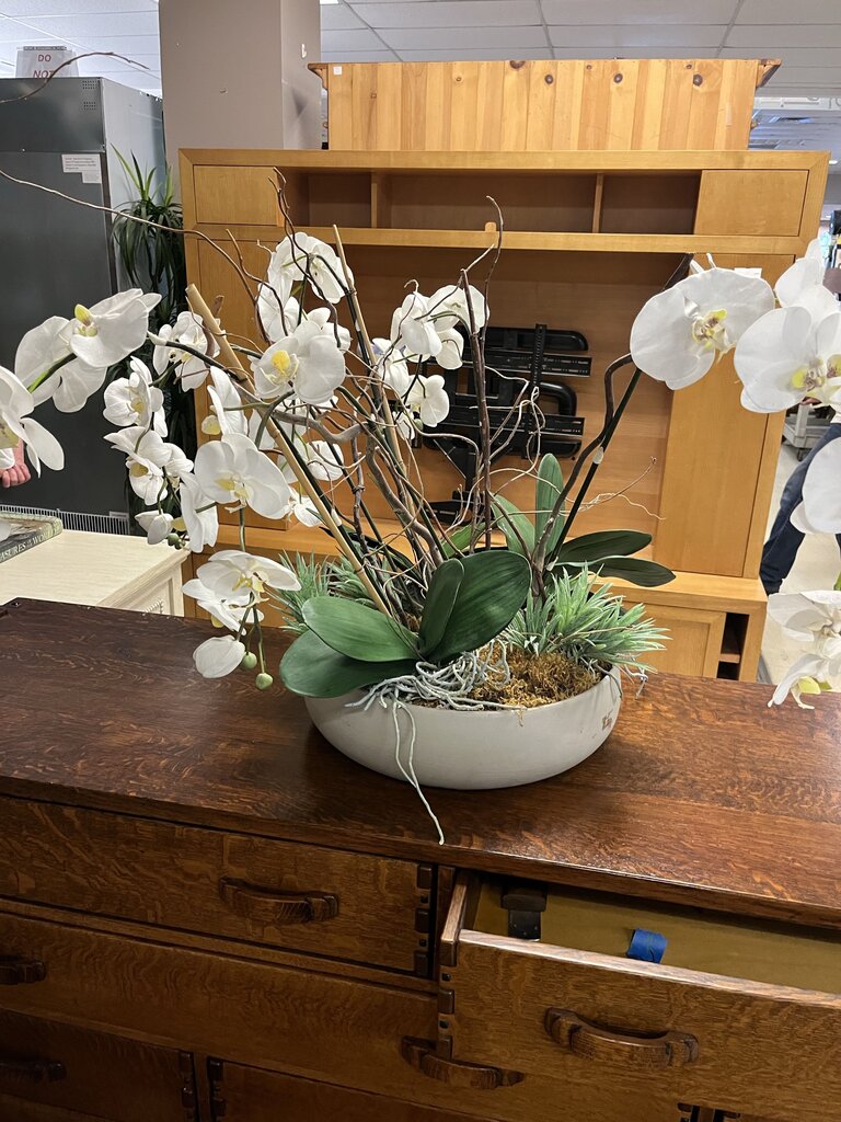 Faux White Cymbidium Orchid In Gray Pot
