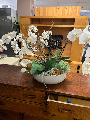 Faux White Cymbidium Orchid In Gray Pot