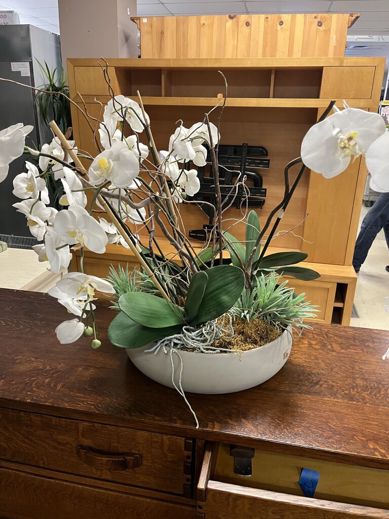 Faux White Cymbidium Orchid In Gray Pot