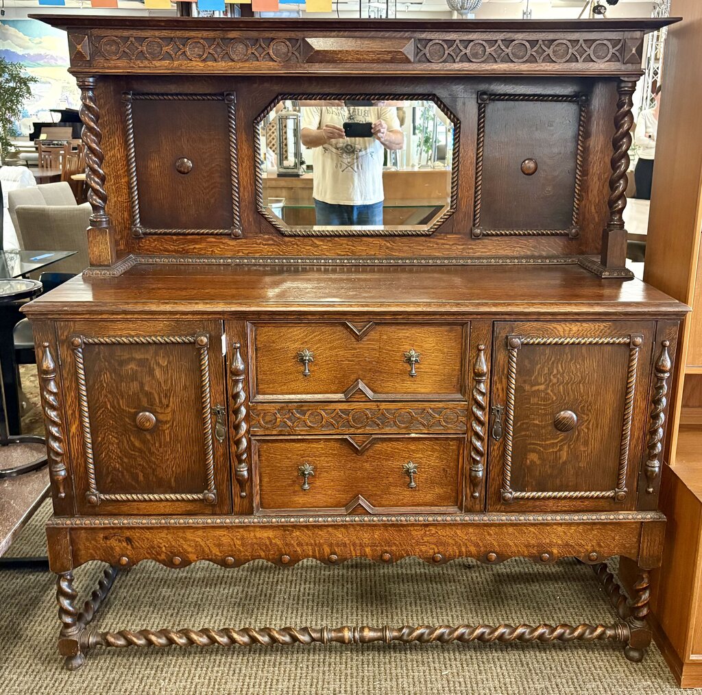 Tiger Oak Barley Twist Mirrored Sideboard (2Pcs)