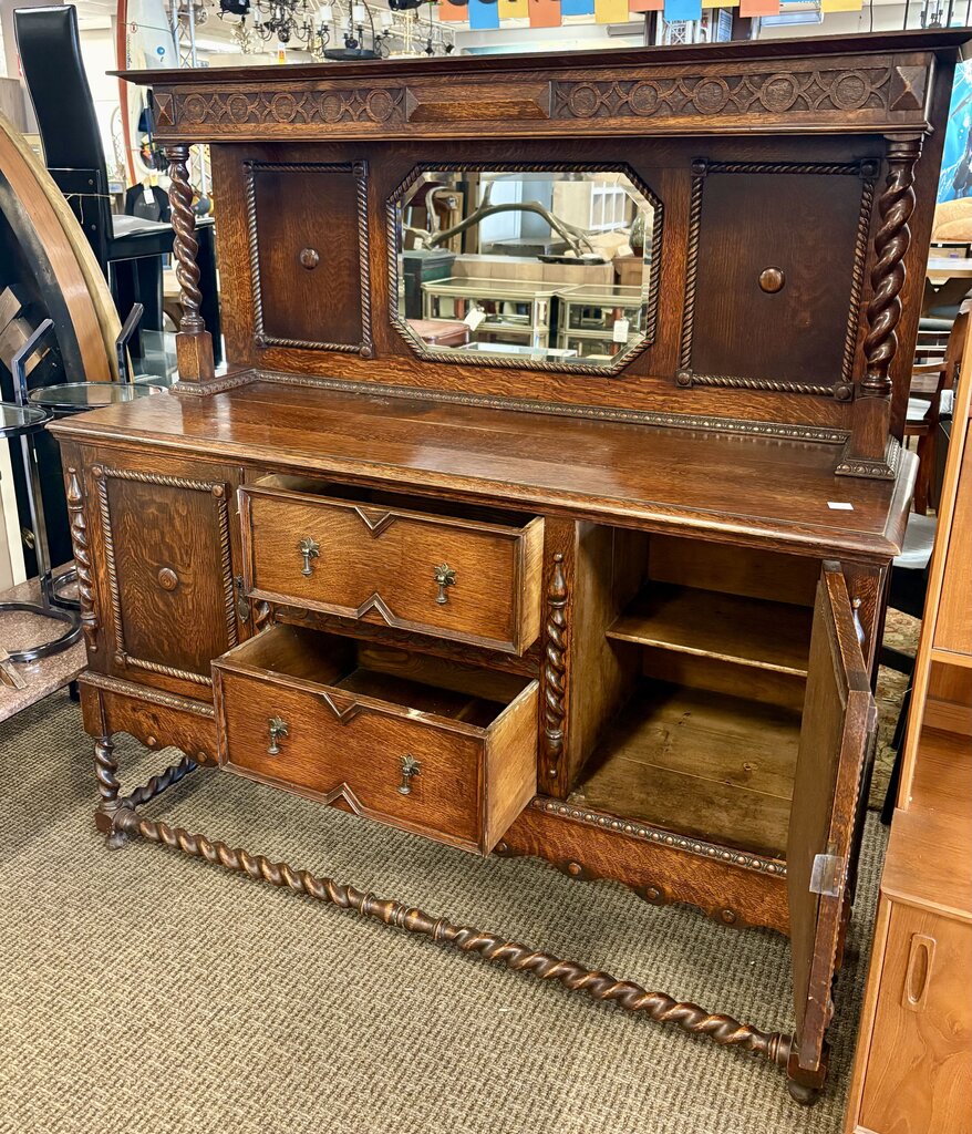 Tiger Oak Barley Twist Mirrored Sideboard (2Pcs)