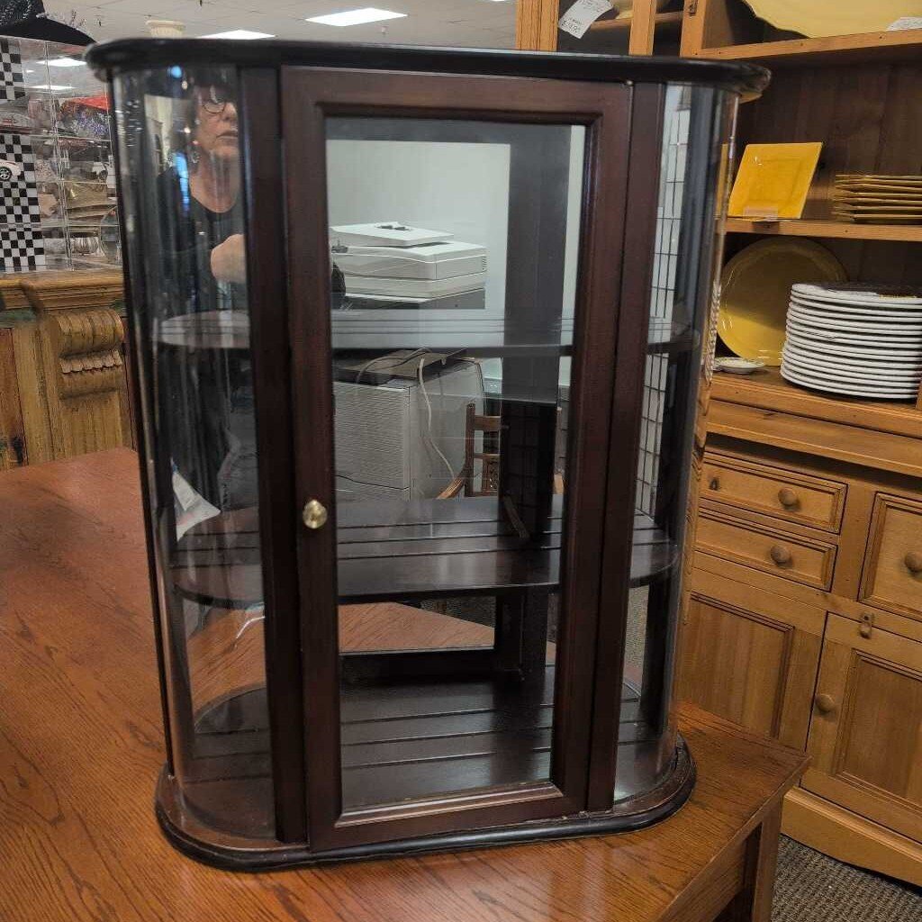 Bombay Company Vintage 3-Shelf Cherry Finish Curved Glass Wall Hanging Cabinet by Miss Daisy's Consignment & Auction House