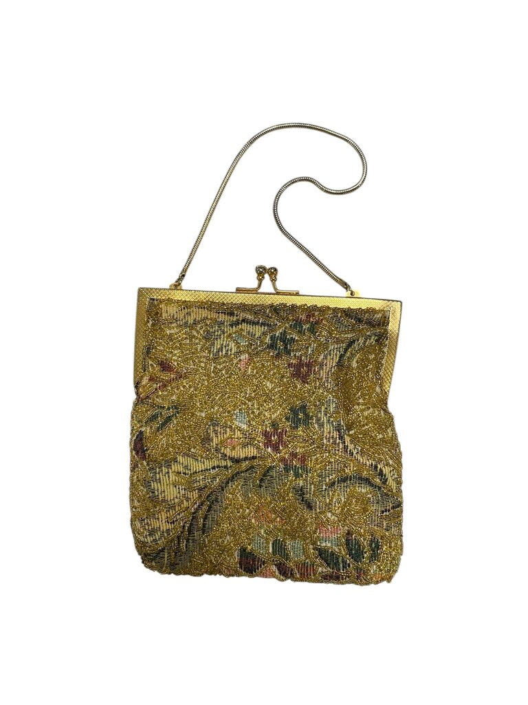 Vintage Walborg Gold Beaded Tapestry Clutch Purse - Made in Hong Kong