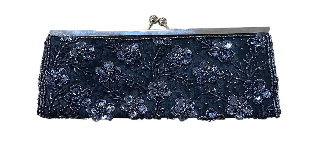 bebe Sequin Beaded Navy Floral Convertible Clutch