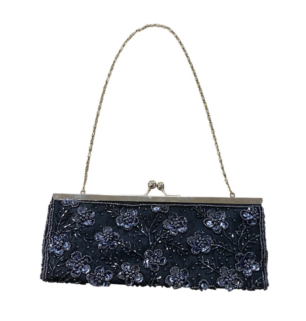 bebe Sequin Beaded Navy Floral Convertible Clutch