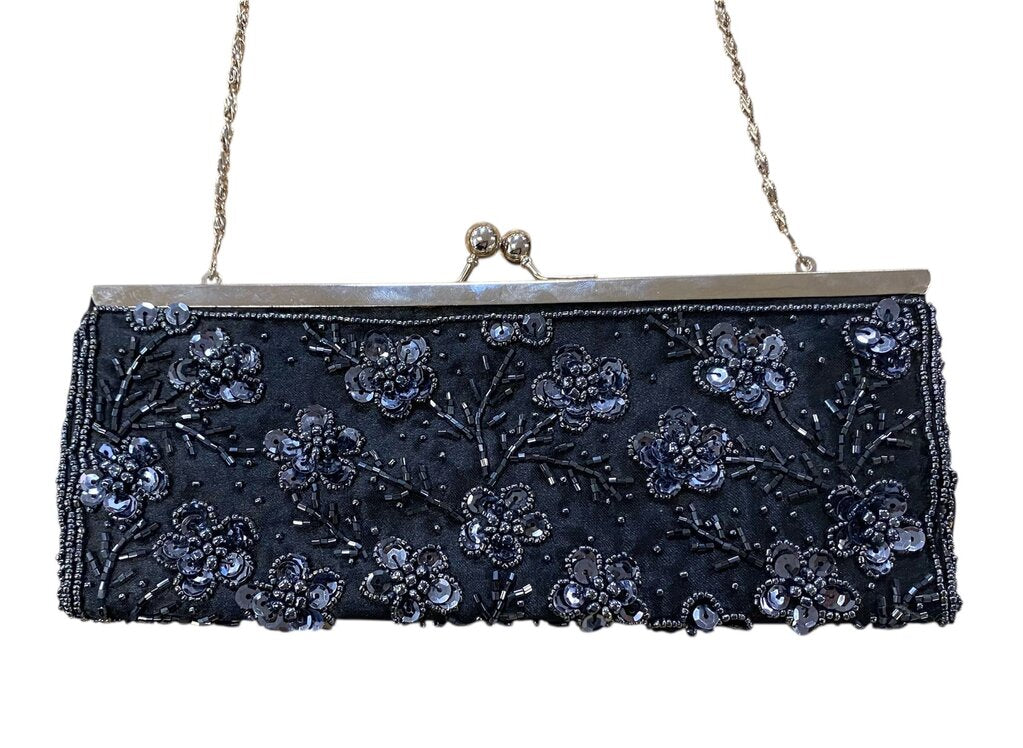 bebe Sequin Beaded Navy Floral Convertible Clutch