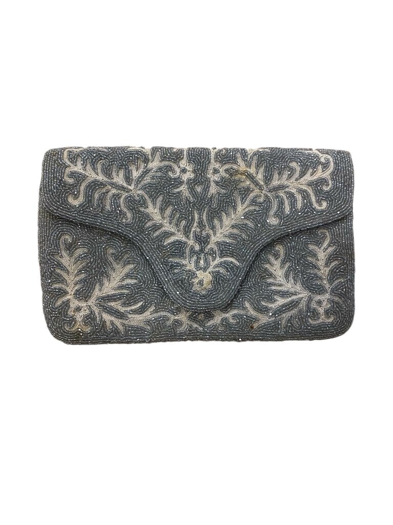 Vintage Walborg Gray Hand Beaded Evening Clutch - Made in Belgium