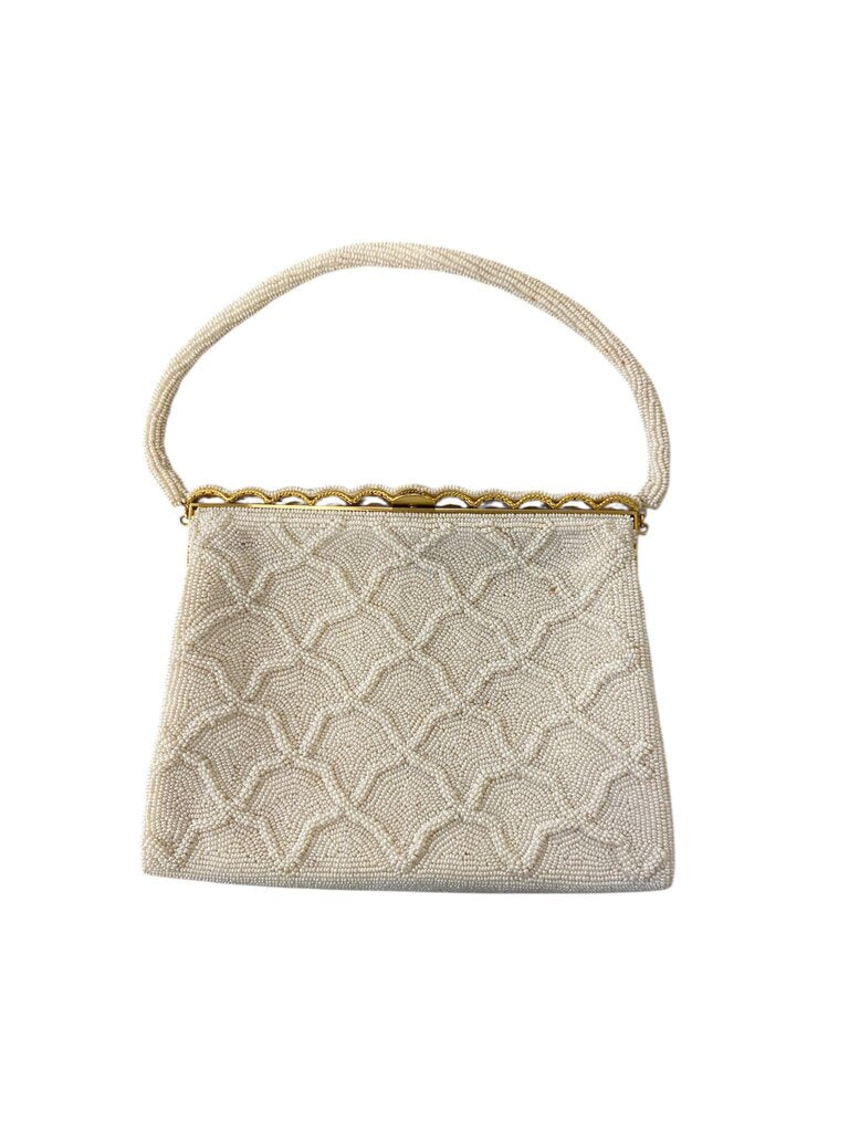 Vintage White Beaded Handbag w/ Compact Mirror