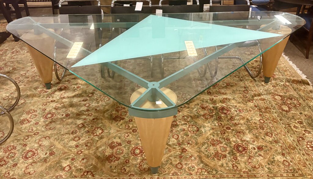 1980's Custom Los Angeles Walnut, Steel and Glass Triangular Dining Table