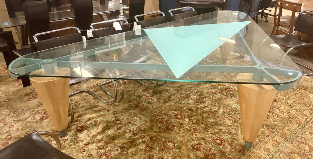 1980's Custom Los Angeles Walnut, Steel and Glass Triangular Dining Table