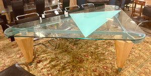 1980's Custom Los Angeles Walnut, Steel and Glass Triangular Dining Table
