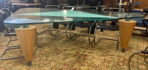 1980's Custom Los Angeles Walnut, Steel and Glass Triangular Dining Table