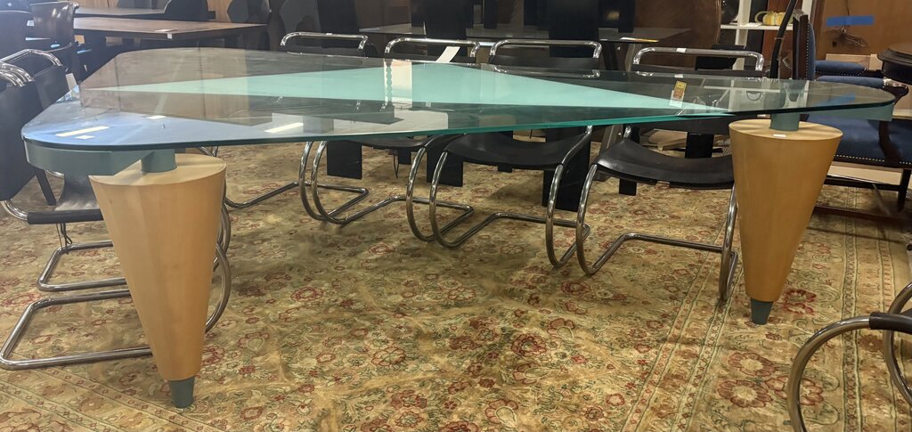 1980's Custom Los Angeles Walnut, Steel and Glass Triangular Dining Table
