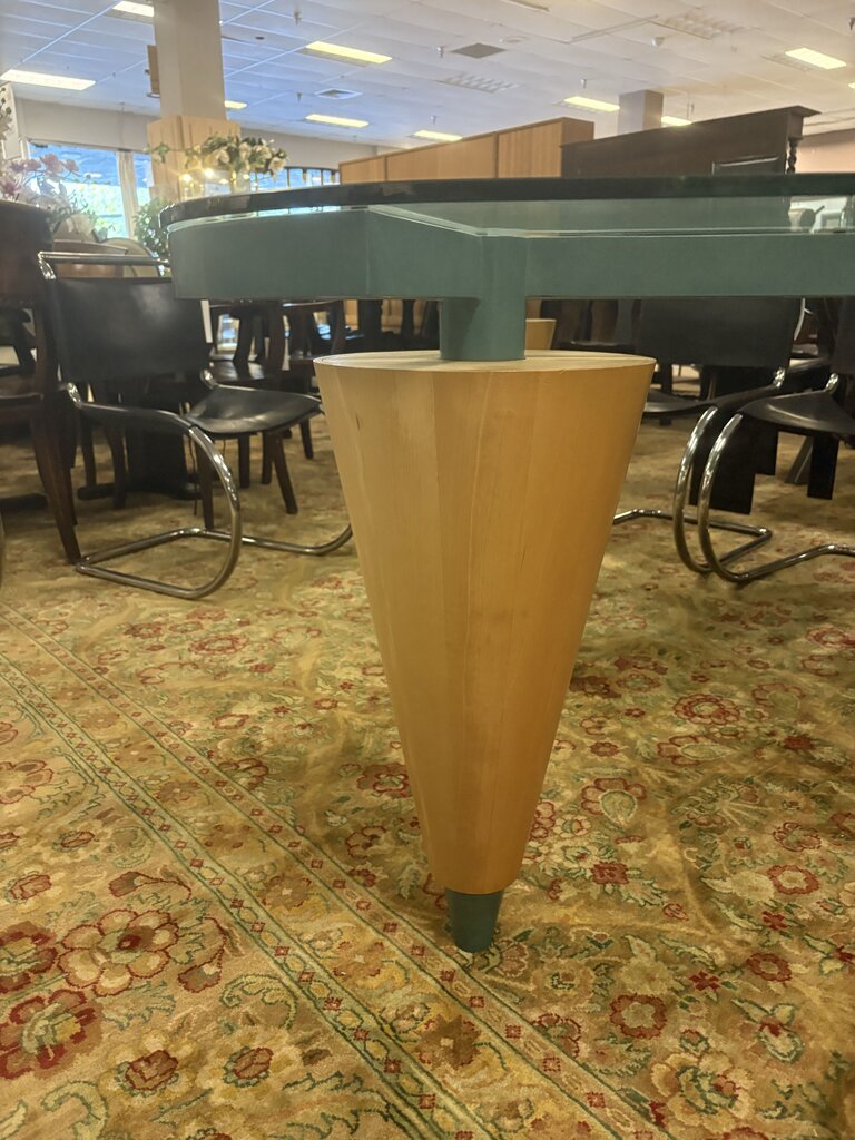 1980's Custom Los Angeles Walnut, Steel and Glass Triangular Dining Table